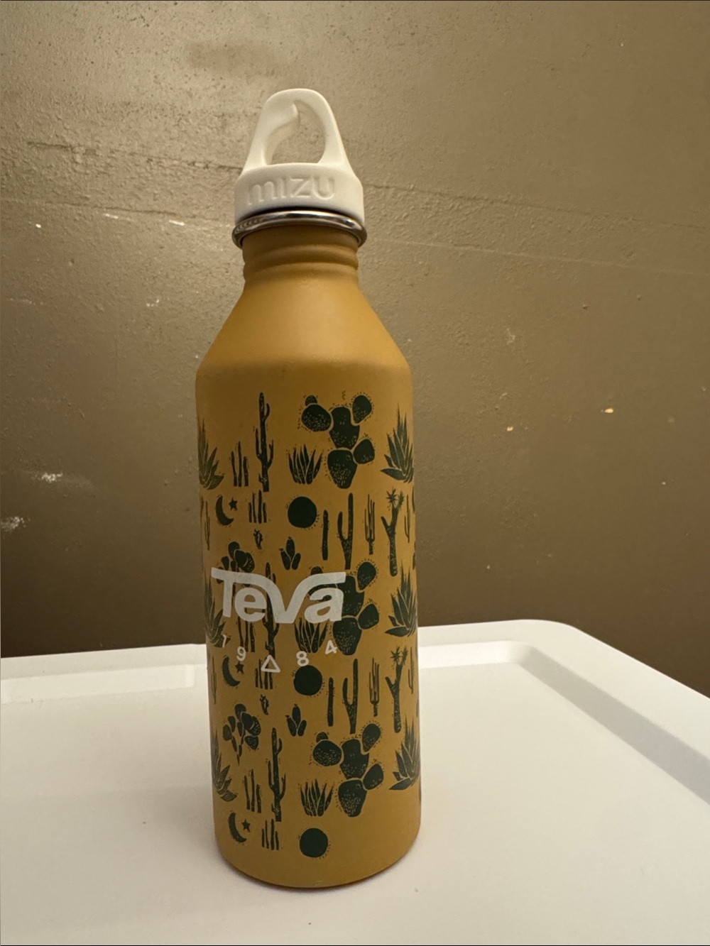 Teva Mustard Yellow Water Bottle with White Cap and Green Cactus Design